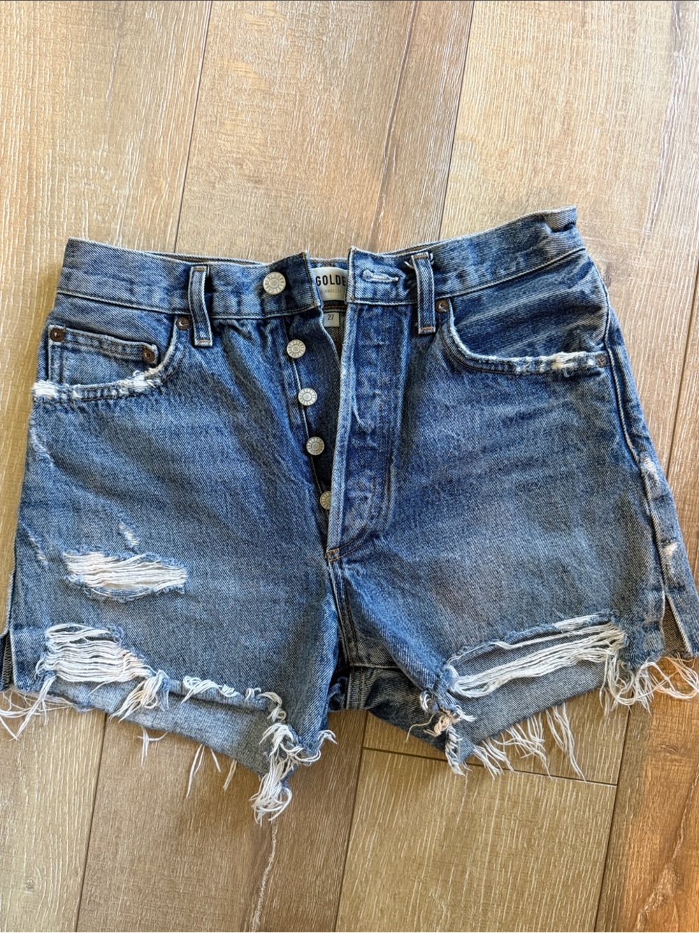 Agolde Dee Distressed High Waist Denim Shorts - Blue